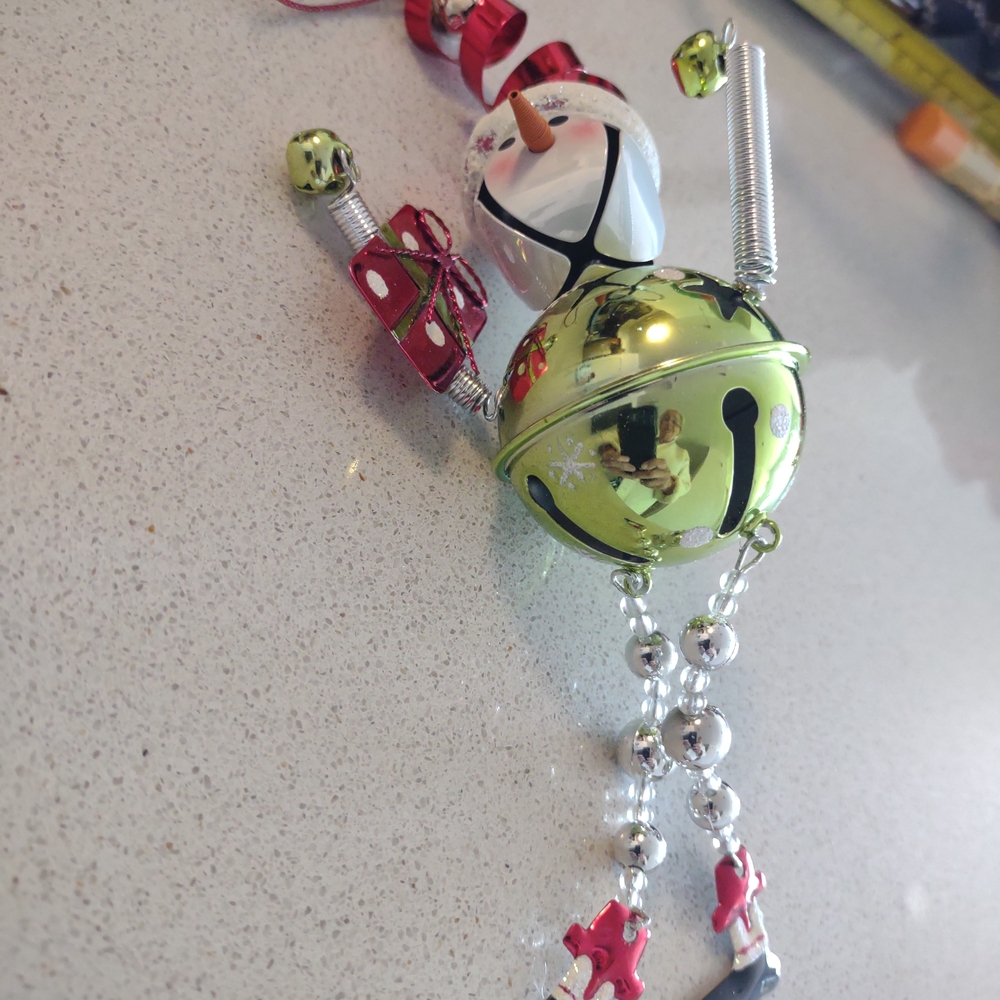 Vintage 8" Long Metal Festive Snowman Bell Ornament